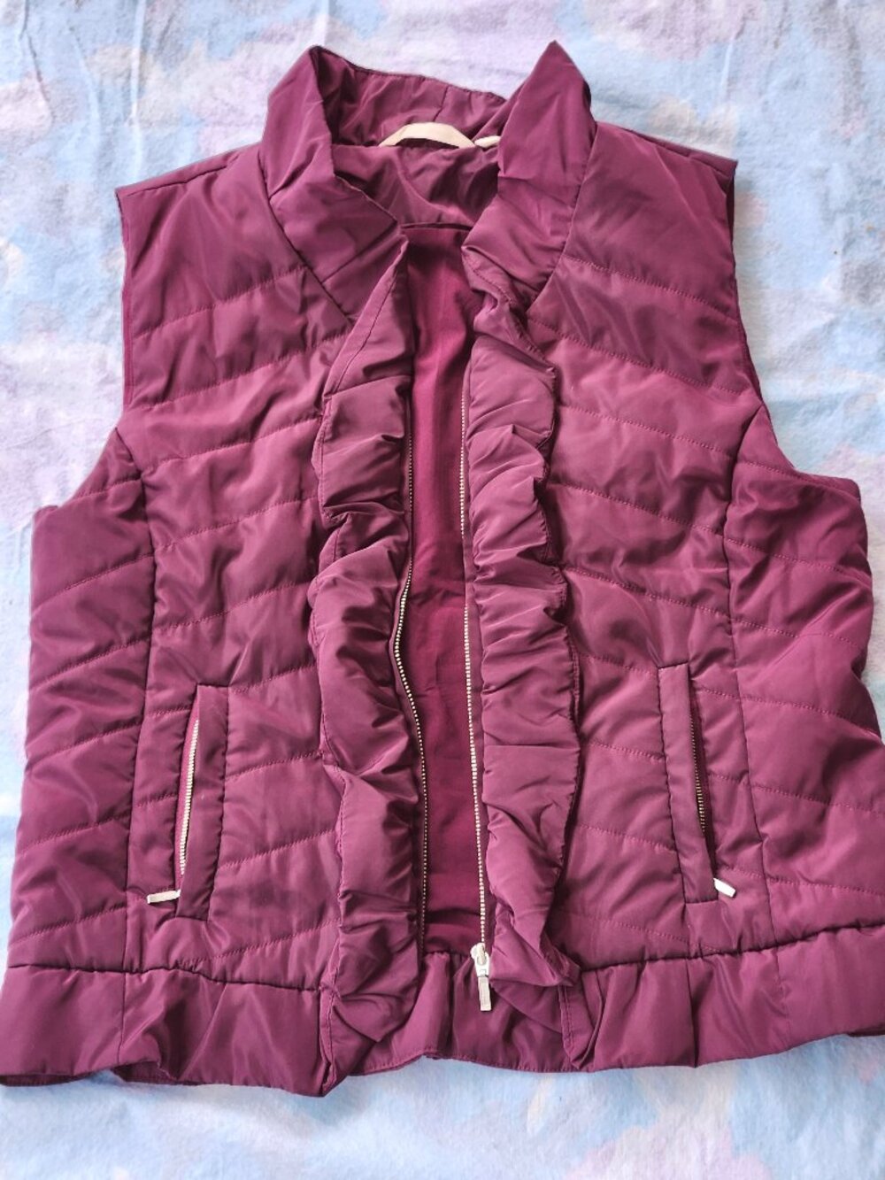Soft Surroundings "Saint Aubin" Quilted Ruffle Puffer Vest Plum size M